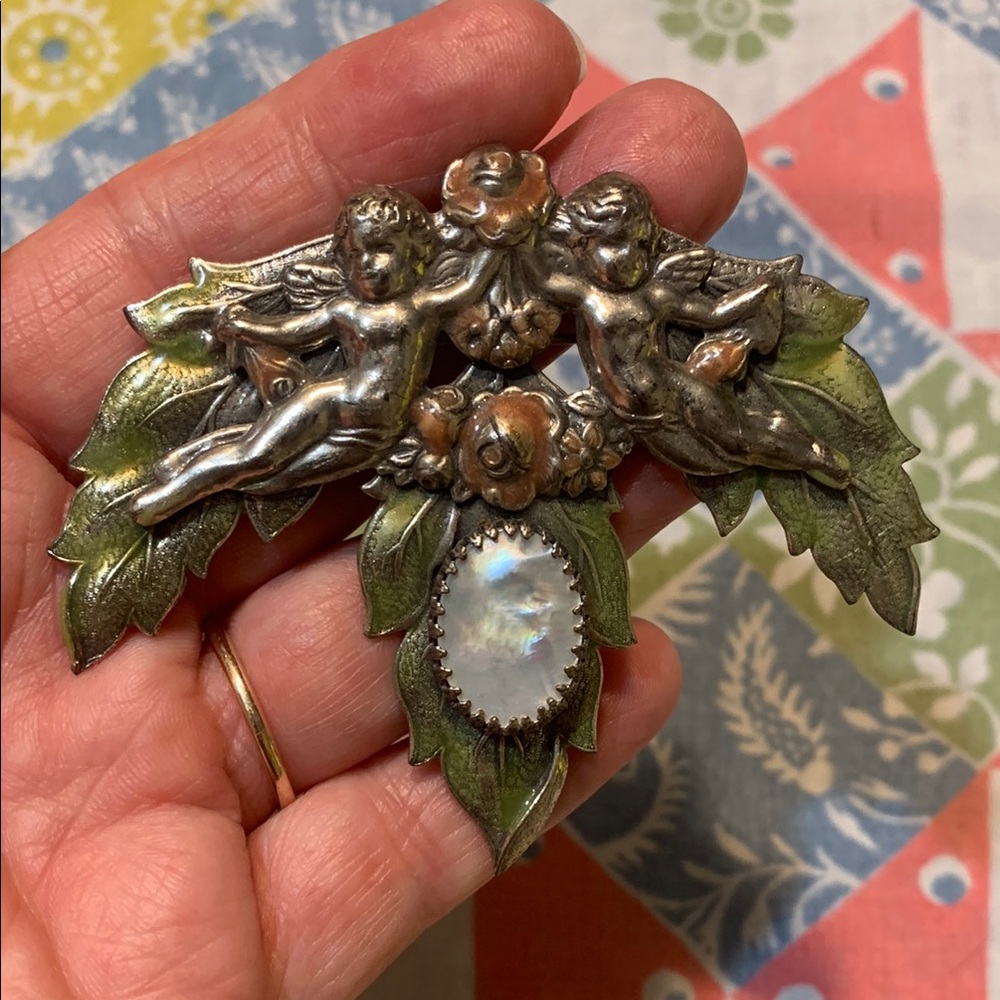 Vintage Brass Sadie Green Cherub Angel Floral Brooch with Mother of Pearl